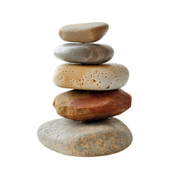Stacked smooth stones, various earth tones, balanced in a precise tower