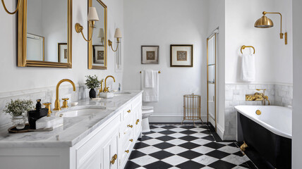 Chic black and white bathroom, bold checkerboard floor, brass hardware, vintage wall lights