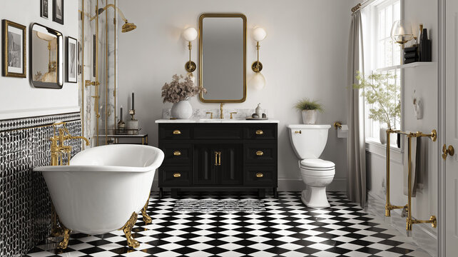 Chic black and white bathroom, bold checkerboard floor, brass hardware, vintage wall lights - Powered by Adobe
