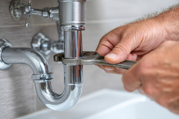 Close-up of hands repairing plumbing under a sink with a wrench and visible pipes