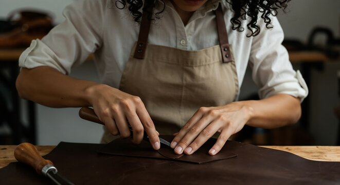 Woman crafting leather goods while working at a workshop table