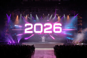 Futuristic startup launch stage with massive led wall displaying bold neon 2026