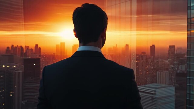 The Visionary's Gaze: Silhouette of a business executive, contemplating a bustling cityscape during sunset, embodies ambition and strategic planning.