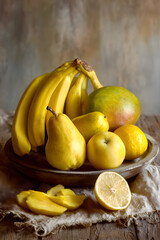 Radiant Array of Yellow Fruits: A Still Life Showcasing Bananas, Lemons, Mangoes, and Apples on Rustic Wood
