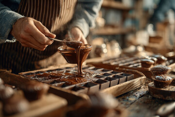 Chocolatier pouring rich melted chocolate into molds in artisan workshop