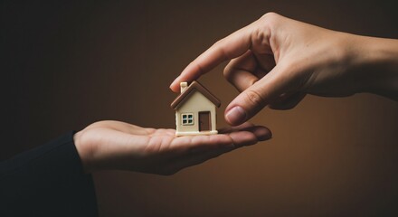 Hands exchanging miniature house model in dark background  