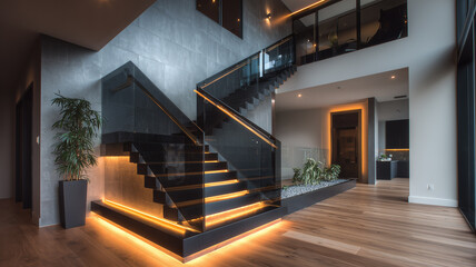 Fototapeta premium Contemporary black staircase with warm LED strip lighting, smoked glass railing, minimalist style
