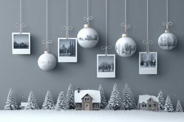 Christmas photo frame with hanging baubles and snowy winter landscape on gray background