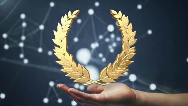 Golden Laurel Wreath Floating Above Hand Against Abstract Network Background Symbolizing Achievement Recognition in Digital Technology
