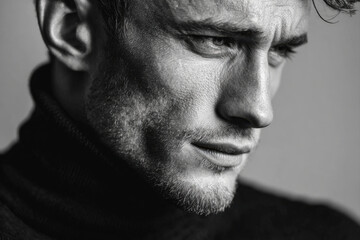 Obraz premium Monochrome close-up portrait of a man in a turtleneck with soft lighting and neutral expression