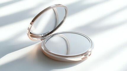 elegant compact mirror, floating perspective, luxurious feel, dimensional shadow on white, white studio setup