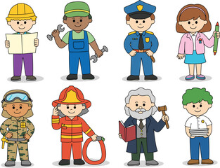Cartoon children dressed as professionals—engineer, mechanic, police officer, student, soldier, firefighter, judge, mail carrier—for career education and diversity themes