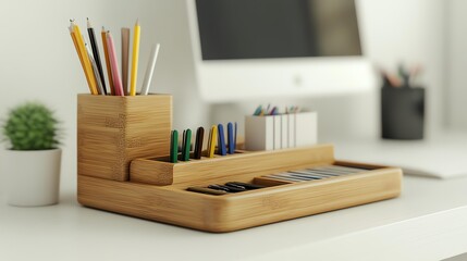 wooden desktop organizer, suspended product shot, realistic texture, crisp details and clean setup, clean white setting