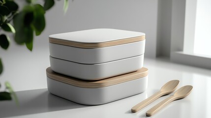 eco lunch box, neatly stacked layout, aesthetic layout, luxurious feel, plain white scene