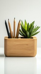 wooden desktop organizer, centered composition, high key brightness, studio lighting with reflection, pure white backdrop