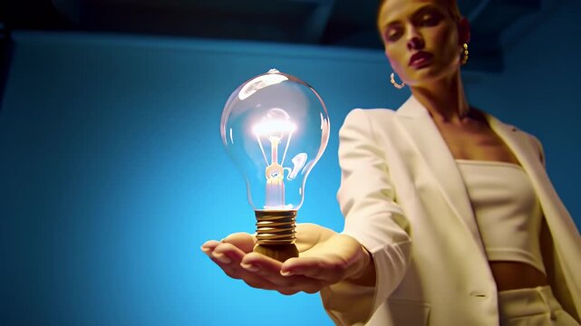 Elegant Woman in White Suit Holding Illuminated Lightbulb Against Blue Background Showcasing Innovation Business Concepts and Bright Idea Potrait