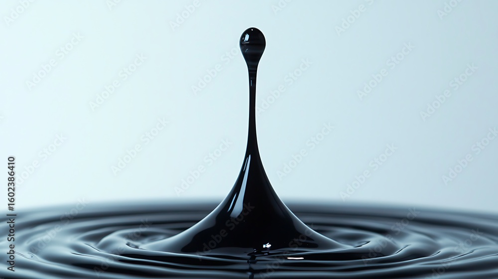 Poster a close-up image of a black liquid droplet rising from a calm surface, creating circular ripples aga