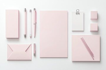 pastel stationery set, minimal top view, crisp details and clean setup, dimensional shadow on white, pure white backdrop