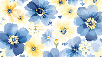 Blue and yellow floral spring background with watercolor, abstract blue background with flowers	