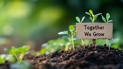 Young green seedlings growing in soil with wooden together we grow sign
