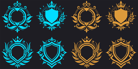 Elegant golden and cyan color logo template for vector logo design, graceful and stylish logo template, luxurious logo design with laurel and shield