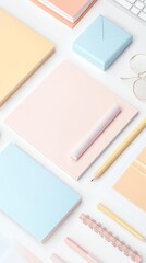 pastel stationery set, floating perspective, photorealistic mockup style, simple composition, clean white setting