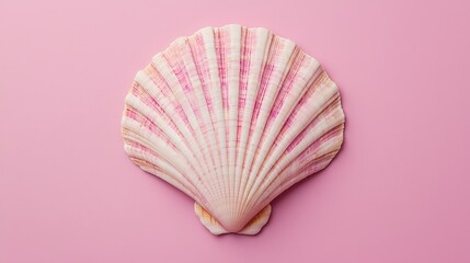 Fototapeta premium A single pink and white scallop shell displayed against a solid pink background.