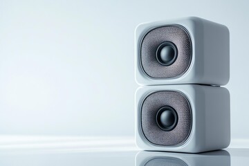 wireless speaker, neatly stacked layout, studio lighting with reflection, luxurious feel, clean white setting