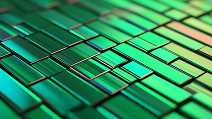 Abstract close-up of interconnected green and teal rectangular blocks forming a futuristic digital circuit pattern.