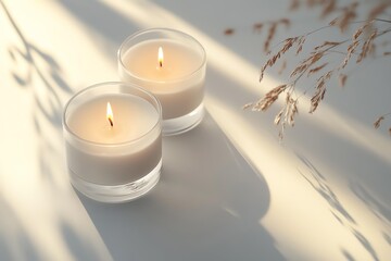 aromatherapy candle, flat lay with shadows, evening white tone, luxurious feel, white studio setup