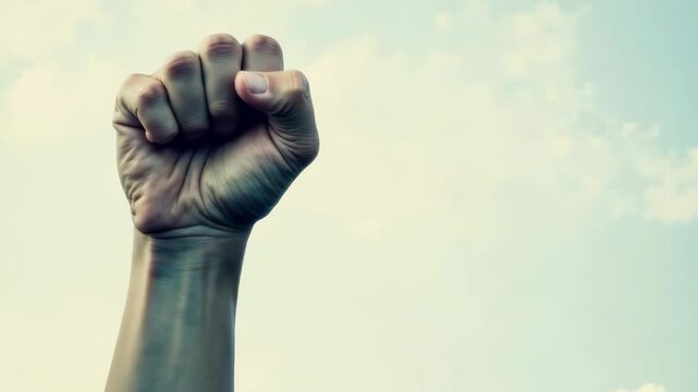 raised clenched fist in air against blue sky. symbol of protest, unity, resistance, empowerment, social movement, activism. struggle for freedom and social justice