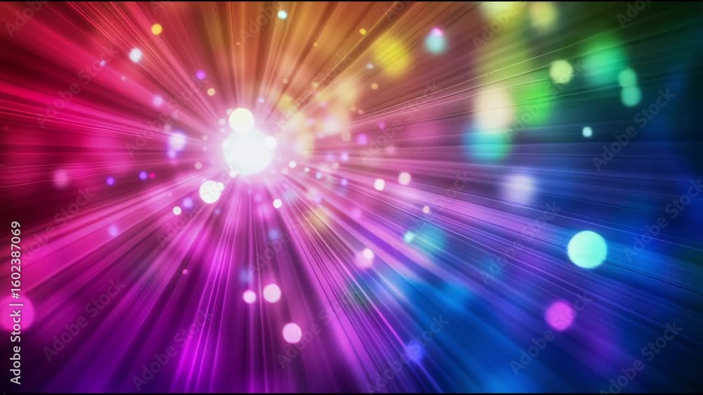 Poster bright colored rays coming from the center, creating a glowing effect. the colors range from red and