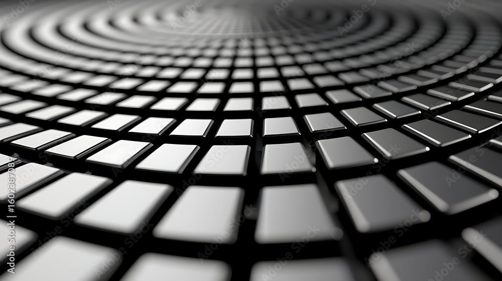 Poster close-up of a curved, reflective surface featuring a grid of raised, square metallic tiles creating 