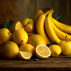 Radiant Array of Yellow Fruits: A Still Life Showcasing Bananas, Lemons, Mangoes, and Apples on Rustic Wood