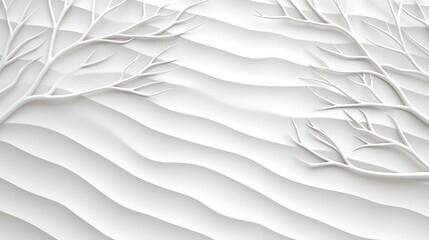 A minimalist paper art scene of bare tree branches casting shadows over gently layered, wavy terrain in soft white tones.