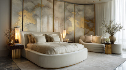 Elegant bedroom with curved cream bed, gold leaf wall art, marble and brass side tables, subtle uplighting