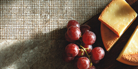 Sliced hard cheese and red grapes on dark wooden board with textured stone background in warm sunlight