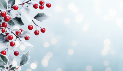 Close-up of holly berries and leaves lightly dusted with frost, set against a softly blurred winter background. The scene evokes a festive and serene atmosphere, perfect for holiday themes, Christmas 