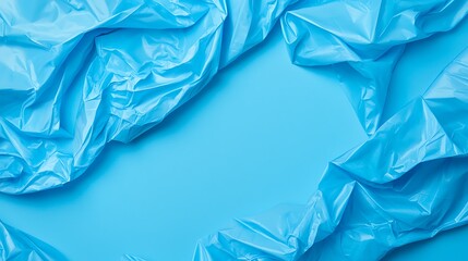 Obraz premium Crumpled blue plastic sheet creating abstract textures and folds against a smooth blue background.