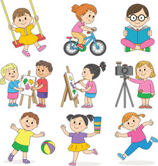Cartoon children enjoying creative and playful activities—painting, reading, swinging, biking, running, playing—perfect for education, lifestyle, and hobby themes