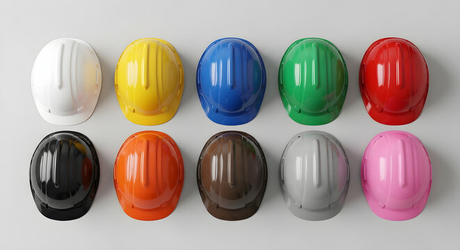 Color coded safety helmets arranged in two rows on neutral background top down view

