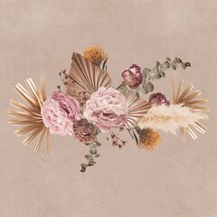 Pink flower & gold leaf aesthetic mixed media design