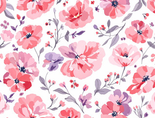 Seamless pattern with red flowers, watercolor background pattern red flowers on white background	