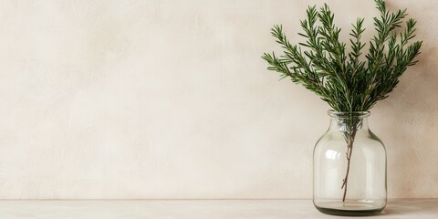 Luxury minimalist Christmas setting idea. Glass jar with foliage against a neutral background.