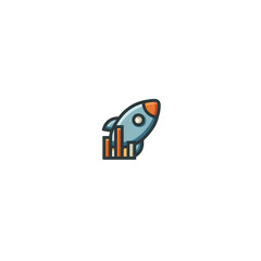 Cartoon rocket launching, with orange graph bars beneath