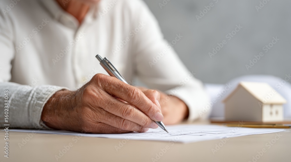 Poster close up of an elderly architect meticulously reviewing blueprints for a residential project. using 