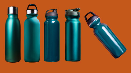 Teal Water Bottles, Set of Reusable, Ecological, Sustainable,  Metallic, Metal, Plastic Drink Container with Minimalist Simple Modern Chic Design in Dark Color Tone Isolated on Orange Background