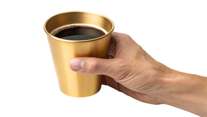 Close-up of a woman's hand gently holding a hot gold cup of coffee, perfect for a cozy morning breakfast or a warm beverage moment