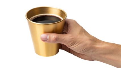 Close-up of a woman's hand gently holding a hot gold cup of coffee, perfect for a cozy morning breakfast or a warm beverage moment