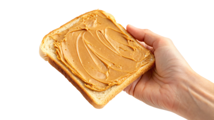 hand holding a bread with peanut butter
